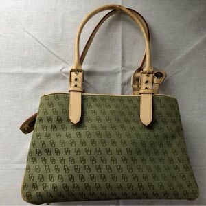 Dooney & Burke Green Logo-Print Tote Handbag with Tan Leather Trim